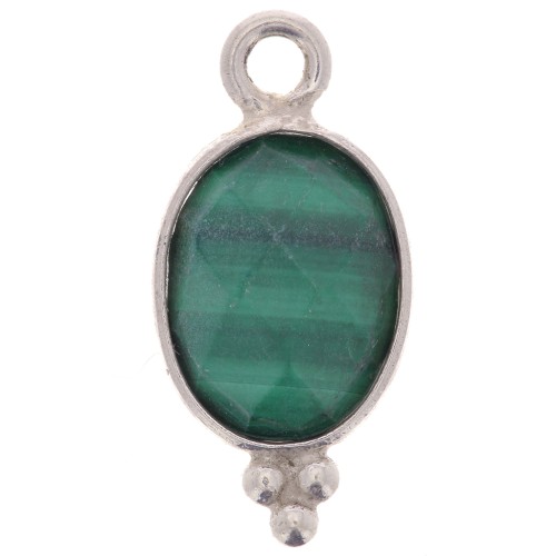 14x7mm 925 Sterling Silver Oval Faceted Charm with Balls - Malachite x1