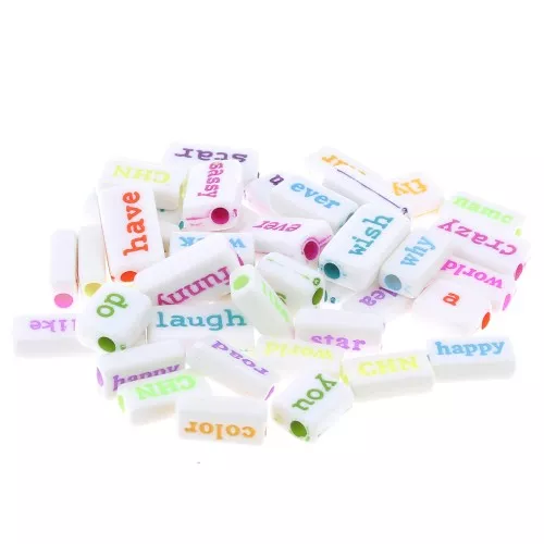 Assortment of 60 rectangular beads words & random sizes White - Multicolored x1