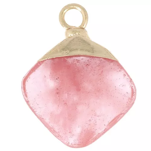 21x16mm Imitation gemstone rhombus faceted pendant - Rose Quartz - Gold Tone x1