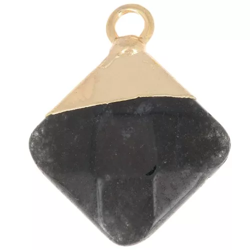 21x16mm Imitation gemstone rhombus faceted pendant - Obsidian - Gold Tone x1