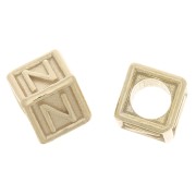 5mm 925 Sterling Silver Alphabet cube Bead with big hole - N - Fine Gold Plated x1