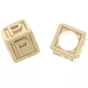 5mm 925 Sterling Silver Alphabet cube Bead with big hole - P - Fine Gold Plated x1