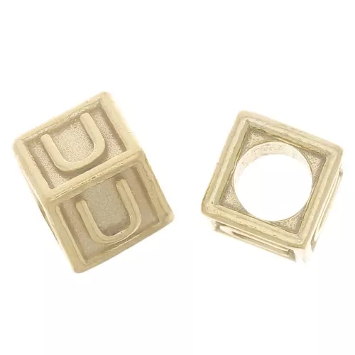 5mm 925 Sterling Silver Alphabet cube Bead with big hole - U - Fine Gold Plated x1