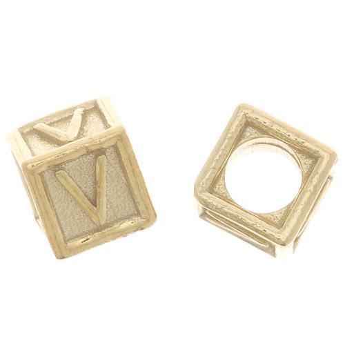 5mm 925 Sterling Silver Alphabet cube Bead with big hole - V - Fine Gold Plated x1