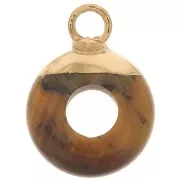 10mm gemstone imitation Donut-shaped round charm Tiger Eye - Gold Tone x1