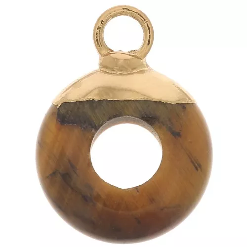 10mm gemstone imitation Donut-shaped round charm Tiger Eye - Gold Tone x1