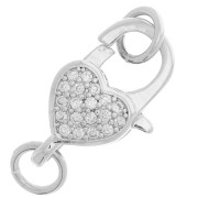 10x16mm Lobster Clasp with heart pattern and open rings with zirconium oxide - Rhodium x1|raw }}