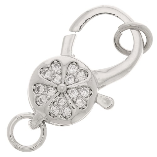 10x16mm Lobster Clasp with flower pattern and open rings with zirconium oxide - Rhodium x1