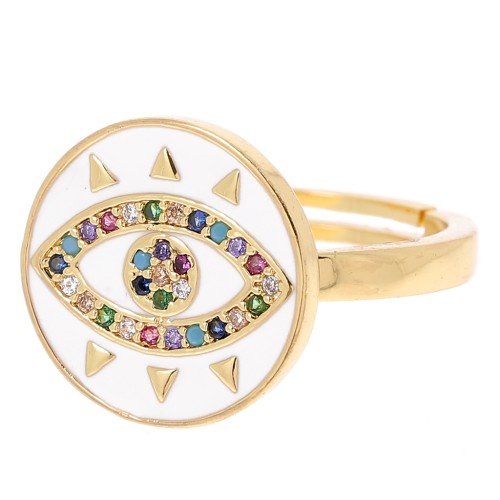 Adjustable round ring - eye pattern with zirconium Gold - White - Multicoloured x1