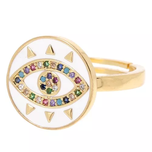 Adjustable round ring - eye pattern with zirconium Gold - White - Multicoloured x1