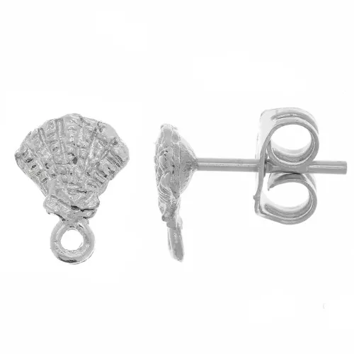 8.5x6.5mm Sea shell earstuds - with closed ring - Rhodium Tone x2