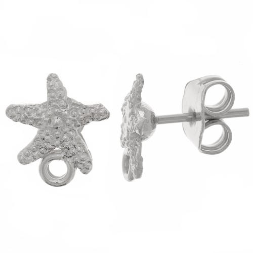10x9mm Starfish earstuds - with closed ring - Rhodium Tone x2
