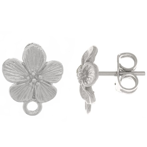 12x10mm Flower earstuds - with closed ring - Rhodium Tone x2