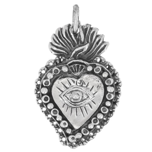 23x14mm 925 Sterling Silver Mexican Ex-voto heart pendant with eye x1
