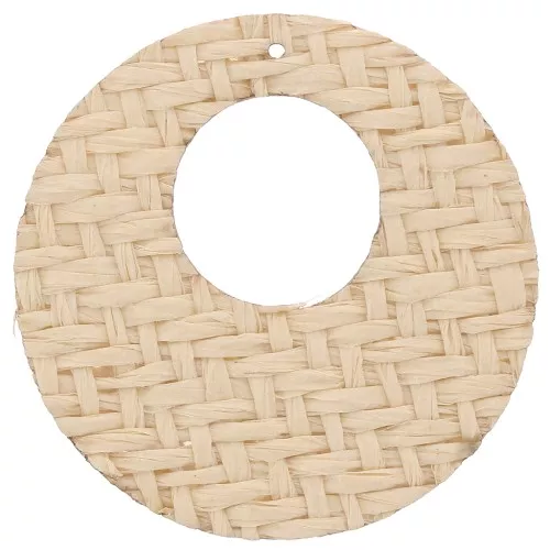 40mm Round flat woven raffia pendant - Beige x1