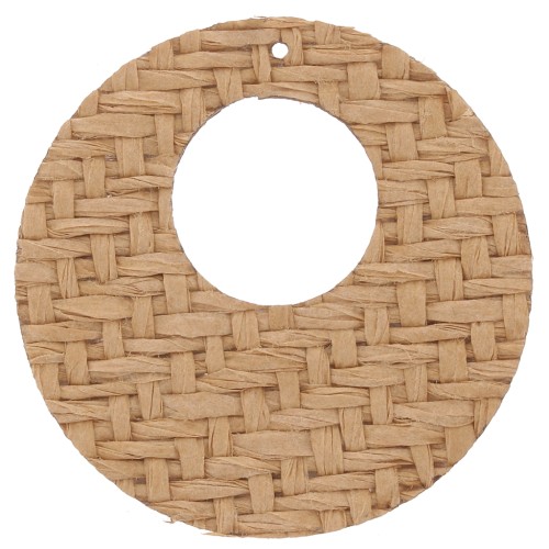 40mm Round flat woven raffia pendant - Light brown x1