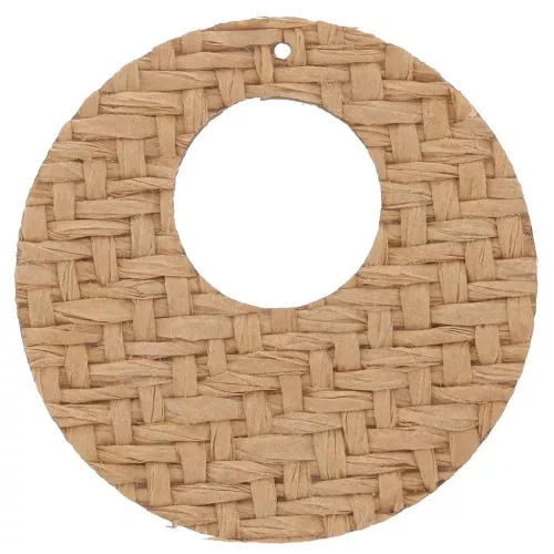 40mm Round flat woven raffia pendant - Light brown x1