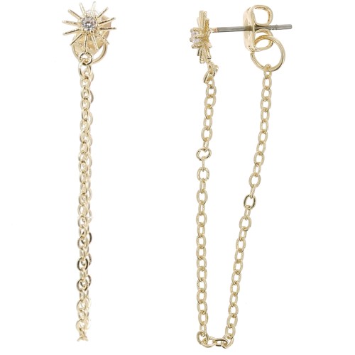 9x7mm Sun earstuds with zirconium oxide and chain - Gold Tone - Crystal x2