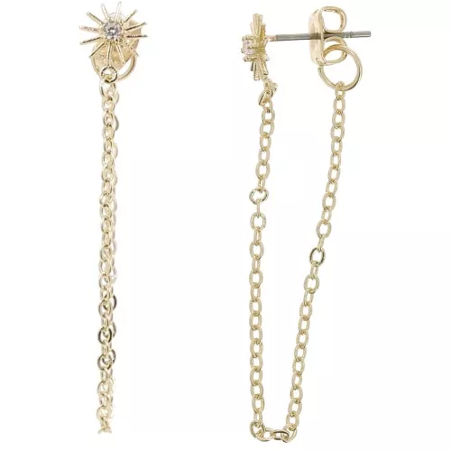9x7mm Sun earstuds with zirconium oxide and chain - Gold Tone - Crystal x2