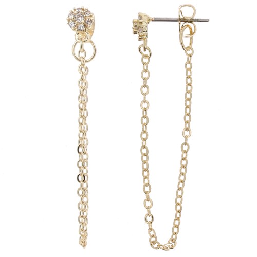 7x5mm Round earstud earrings with zirconium oxide and chain - Gold Tone - Crystal x2