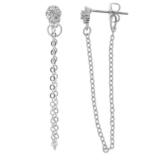 7x5mm Round Easrstuds with zirconium oxide and Chain - Rhodium - Crystal x2