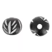 12mm Round engraved bone beads - leaf pattern - Dark brown x10
