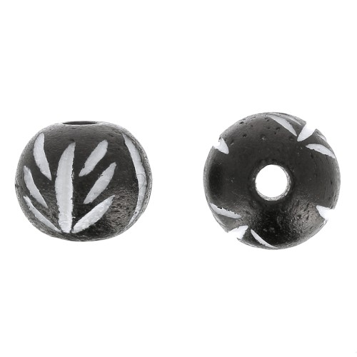 12mm Round engraved bone beads - leaf pattern - Dark brown x10