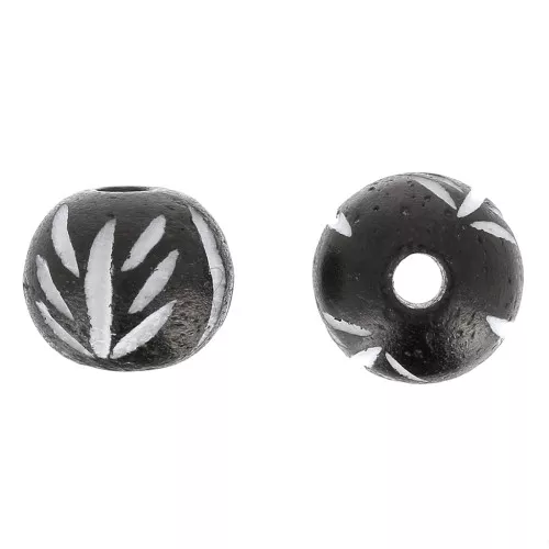 12mm Round engraved bone beads - leaf pattern - Dark brown x10