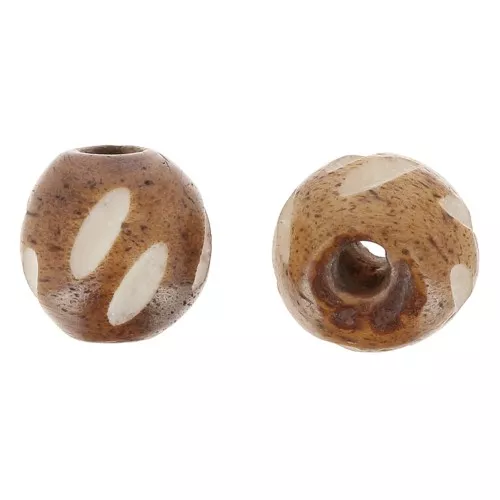 11mm Round engraved bone beads - Light brown - White x10