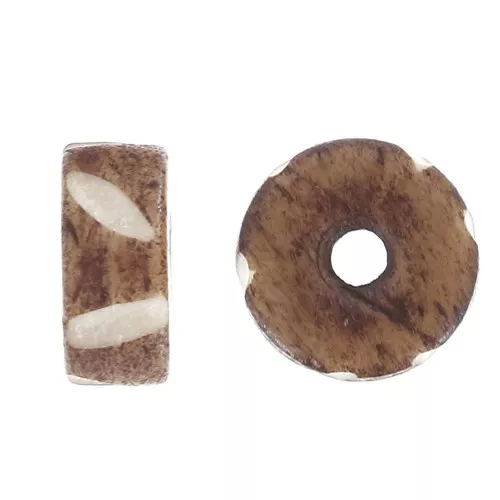 11x5mm Heishi engraved bone rondelles - Light brown - White x10