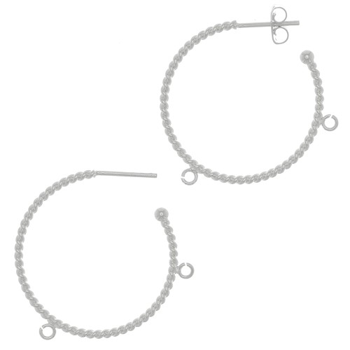 32mm Twisted wire hoop earrings with 2 open rings - Silver Tone x2