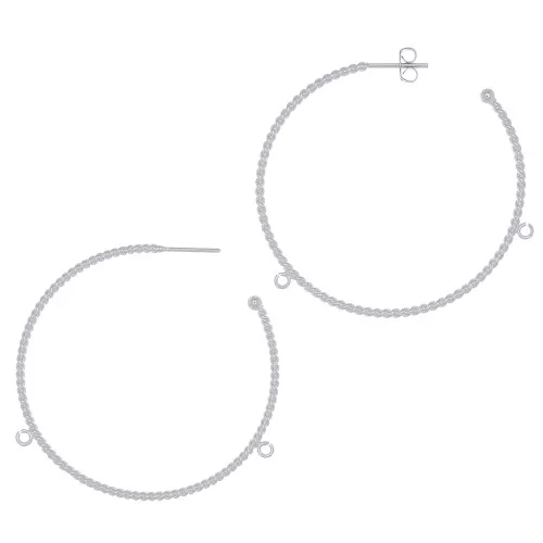 52mm Twisted wire hoop earrings with 2 open rings - Silver Tone x2