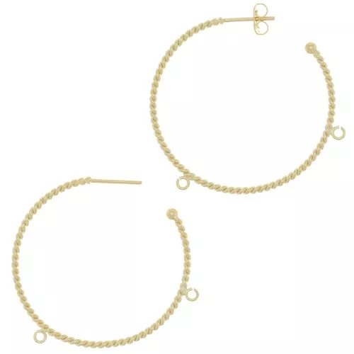 42mm Twisted wire hoop earrings with 2 open rings - Fine Gold plated x2