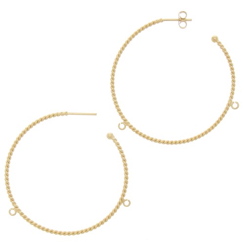 52mm Twisted wire hoop earrings with 2 open rings - Fine Gold plated x2