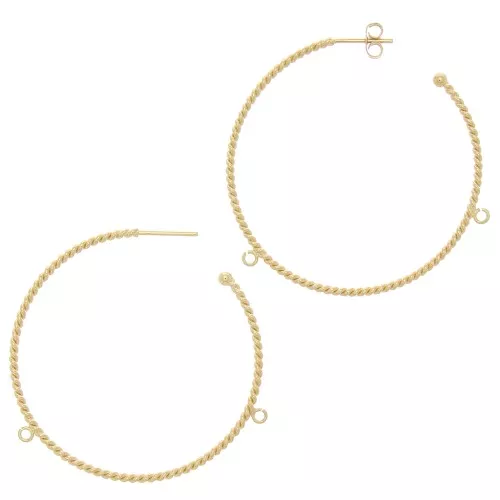 52mm Twisted wire hoop earrings with 2 open rings - Fine Gold plated x2