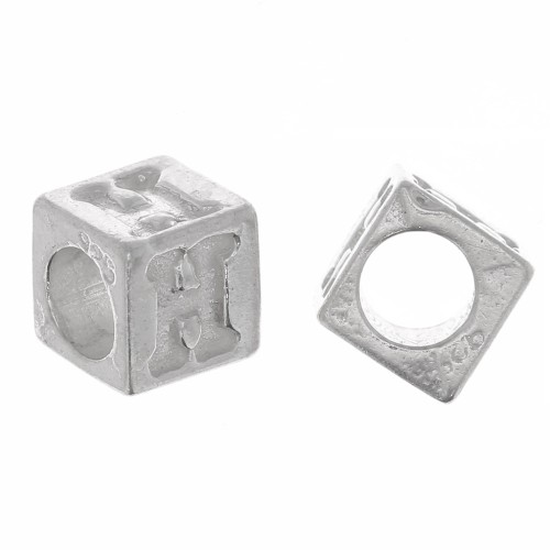 5mm 925 Sterling Silver alphabet letter cube bead with large hole - H x1