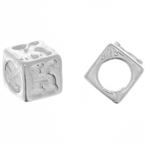 5mm 925 Sterling Silver alphabet letter cube bead with large hole - K x1