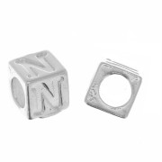 5mm 925 Sterling Silver alphabet letter cube bead with large hole - N x1