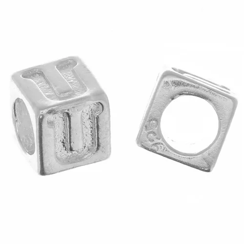 5mm 925 Sterling Silver alphabet letter cube bead with large hole - U x1