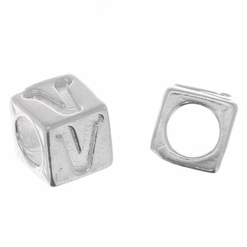 5mm 925 Sterling Silver alphabet letter cube bead with large hole - V x1