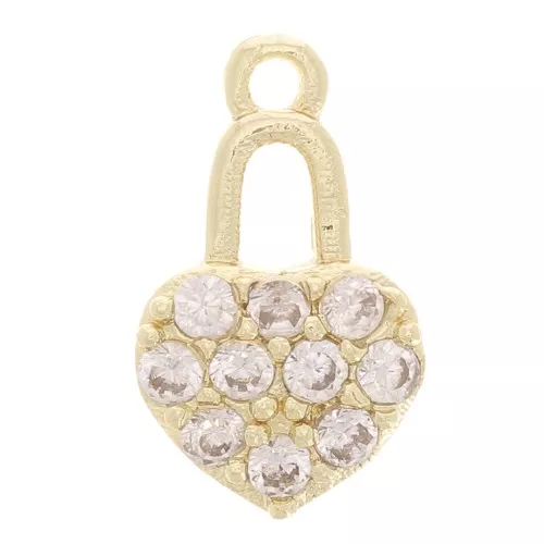 11x7mm Heart Padlock with Zircon - Gold Tone - Crystal x1