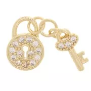 11x8mm Round Padlock & Key Charm with zirconium oxide - Gold Tone - Crystal x1