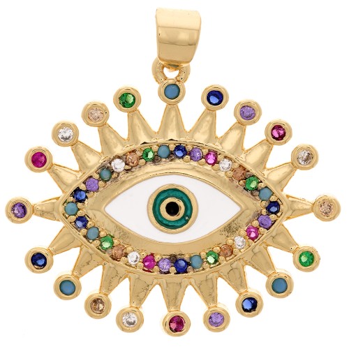 23x27mm Eye pendant with zirconium oxide and epoxy resin - Gold - Multicoloured x1