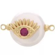 15mm Round Freshwater Pearl and Zircon Eye Spacer - Red - Gold Tone x1