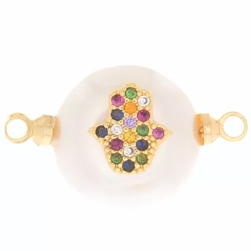 12mm Round Freshwater Pearl and Hamsa hand Zircon connector - Gold Tone x1