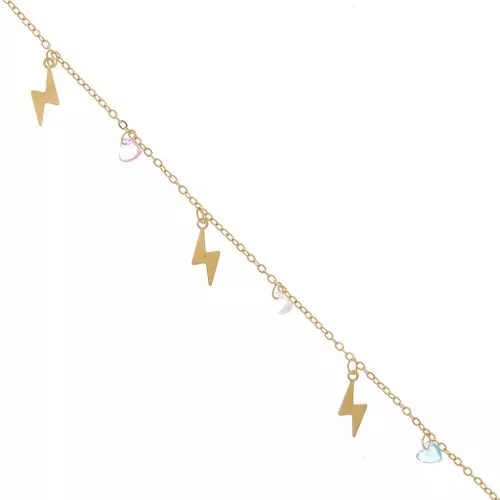 8mm cable chain with lightning bolt & glass heart charms - Gold Tone x1m