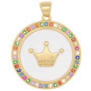 25x23mm Round pendant with zirconium oxide & epoxy resin - crown motif - Gold Tone x1|raw }}