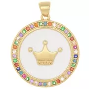 25x23mm Round pendant with zirconium oxide & epoxy resin - crown motif - Gold Tone x1