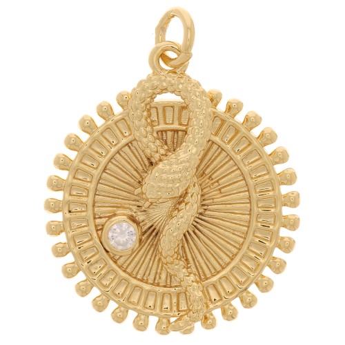 25x22mm Round worked pendant - snake pattern - with zirconium oxide - Gold Tone x1