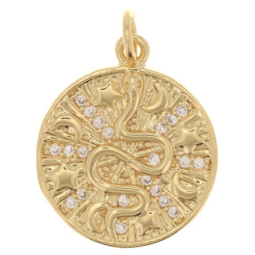 21x18mm Round pendant - snake motif - stars and moons with zirconium oxide - Gold Tone x1